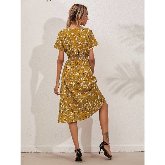 boho black Floral Shirred Wrap midi Dress - Picture 6 of 10